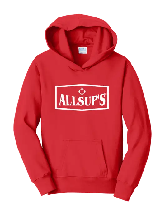 Youth Bright Red 8.5 oz Ring Spun Pullover Hooded Sweatshirt w/ALLSUP'S Logo