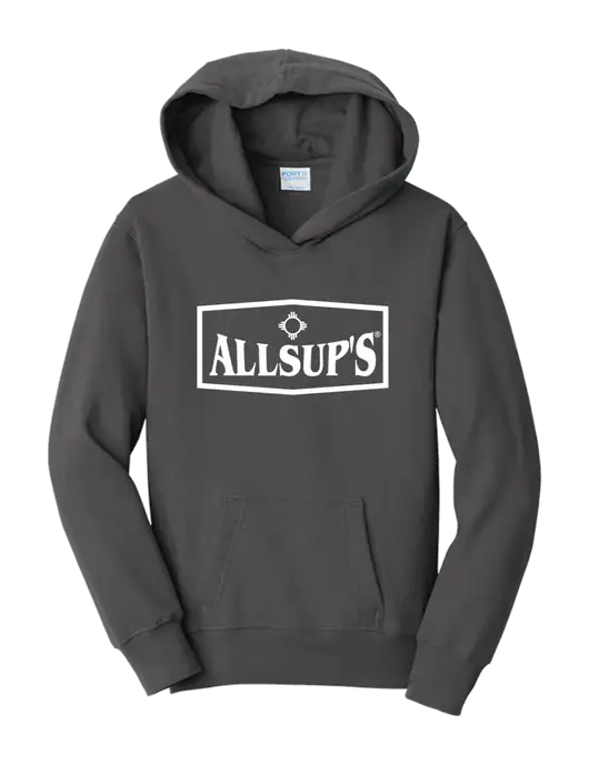 Youth Charcoal 7.8 oz, 50/50 Cotton/Poly Pullover Hooded Sweatshirt w/ALLSUP'S Logo