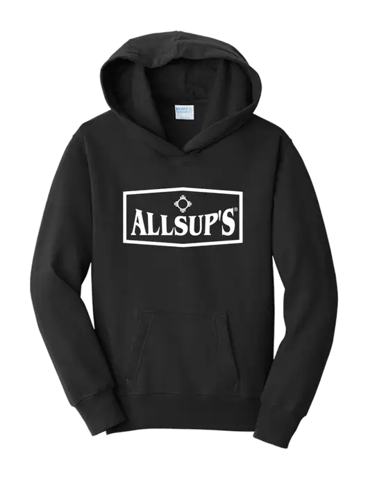 Youth Jet Black 7.8 oz Cotton/Poly Pullover Hooded Sweatshirt w/ALLSUP'S Logo