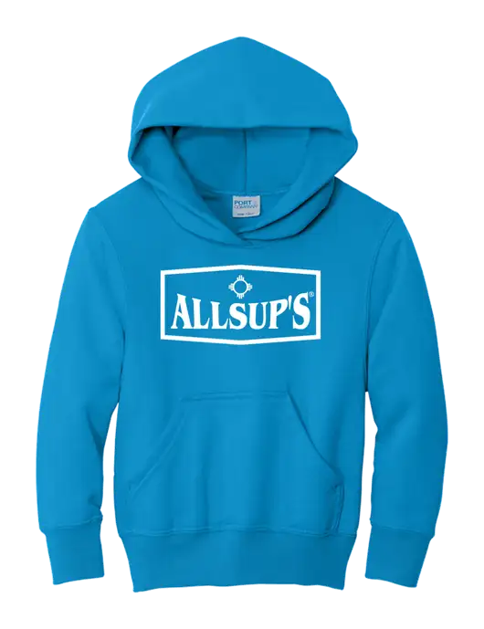 Youth Sapphire 7.8oz Cotton/Poly Pullover Hooded Sweatshirt w/ALLSUP'S Logo