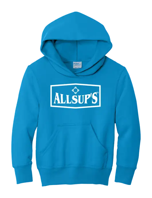 Youth Sapphire 7.8oz Cotton/Poly Pullover Hooded Sweatshirt w/ALLSUP'S Logo