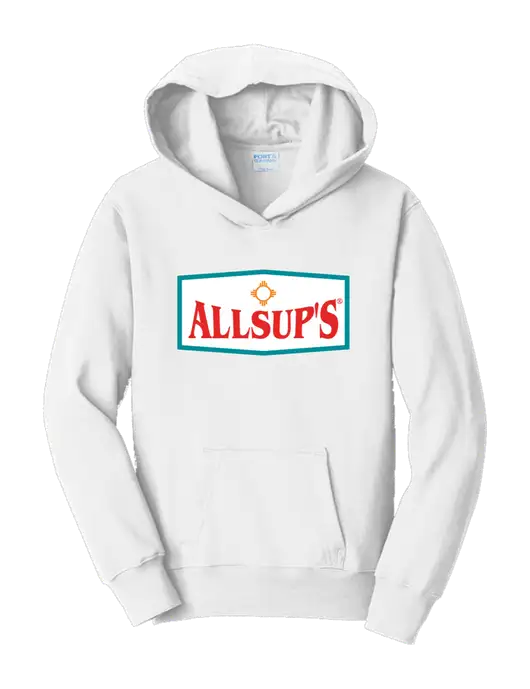 Youth White 7.8 oz 50/50 Cotton/Poly Pullover Hooded Sweatshirt w/ALLSUP'S Logo