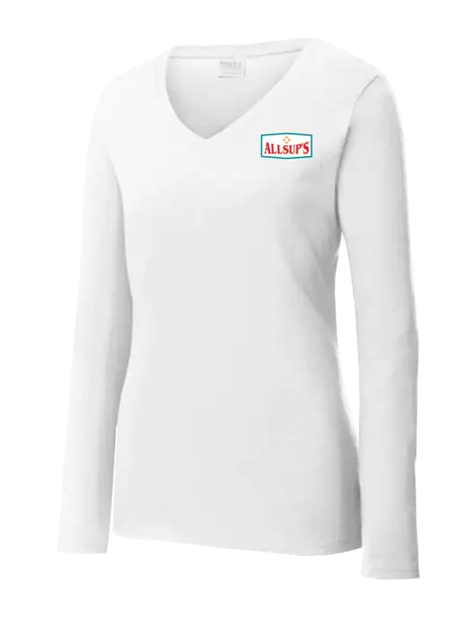 Womens  V-Neck Ring Spun White 4.5 oz Long Sleeve T-Shirt w/ALLSUP'S Logo