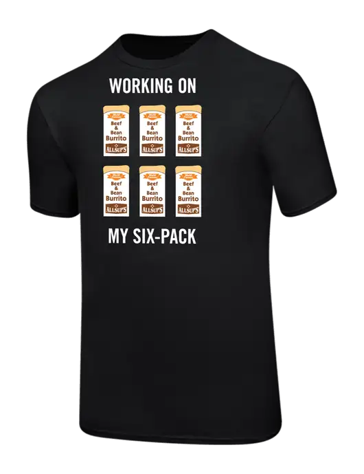 Ring Spun Jet Black 4.5 oz T-Shirt w/Allsup's Working On My Six-Pack Logo