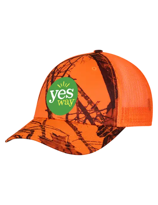 Blaze/Neon Orange Mossy Oak Camo Mesh Trucker Cap Snap Back w/Yesway Logo