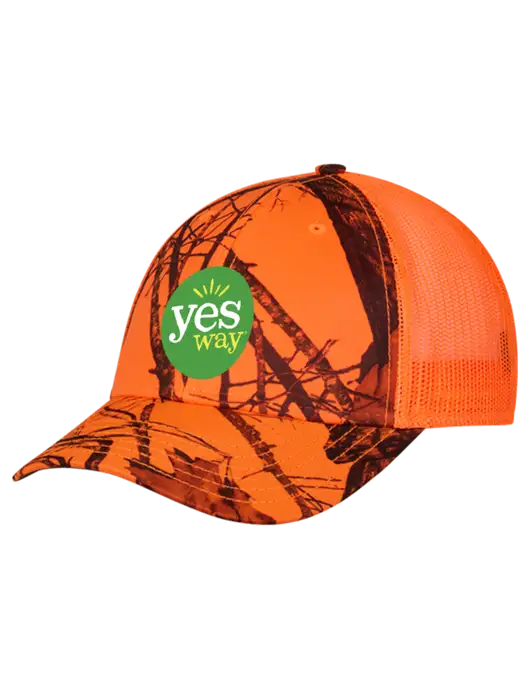 Blaze/Neon Orange Mossy Oak Camo Mesh Trucker Cap Snap Back w/Yesway Logo