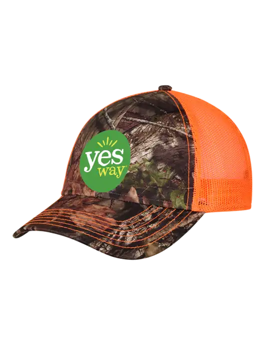 Country Orange Mossy Oak Camo Mesh Trucker Cap Snap Back w/Yesway Logo