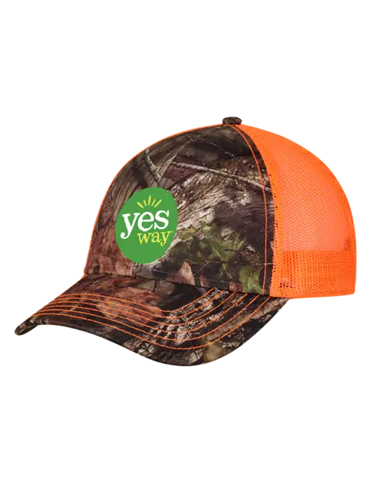 Country Orange Mossy Oak Camo Mesh Trucker Cap Snap Back w/Yesway Logo