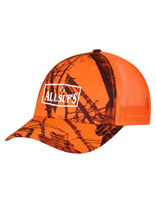 Blaze/Neon Orange Mossy Oak Camo Mesh Trucker Cap Snap Back w/ALLSUP'S Logo