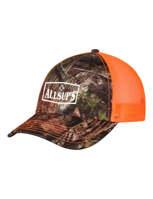 Country Orange Mossy Oak Camo Mesh Trucker Cap Snap Back w/ALLSUP'S Logo