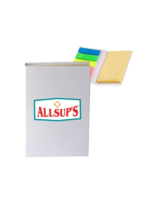 White Micro Sticky Note Pad, 2 x 3.25 w/ALLSUP'S Logo