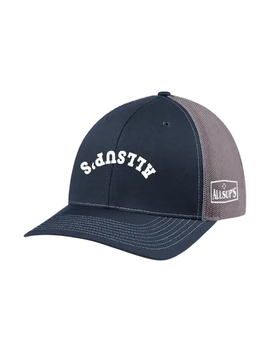 Richardson Adjustable Snapback Original 112 Trucker Cap Navy w/Charcoal Mesh w/ALLSUP'S Upside Down Arched Logo, ALLSUP'S Logo