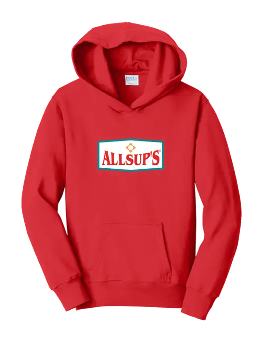 Youth Bright Red 8.5 oz Ring Spun Pullover Hooded Sweatshirt w/ALLSUP'S Logo