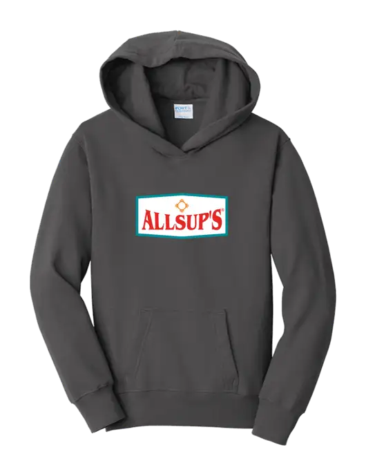 Youth Charcoal 7.8 oz, 50/50 Cotton/Poly Pullover Hooded Sweatshirt w/ALLSUP'S Logo