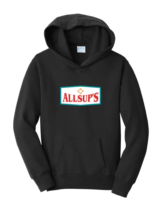 Youth Jet Black 7.8 oz Cotton/Poly Pullover Hooded Sweatshirt w/ALLSUP'S Logo