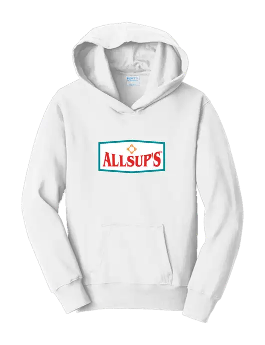 Youth White 7.8 oz 50/50 Cotton/Poly Pullover Hooded Sweatshirt w/ALLSUP'S Logo