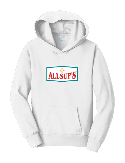 Youth White 7.8 oz 50/50 Cotton/Poly Pullover Hooded Sweatshirt w/ALLSUP'S Logo