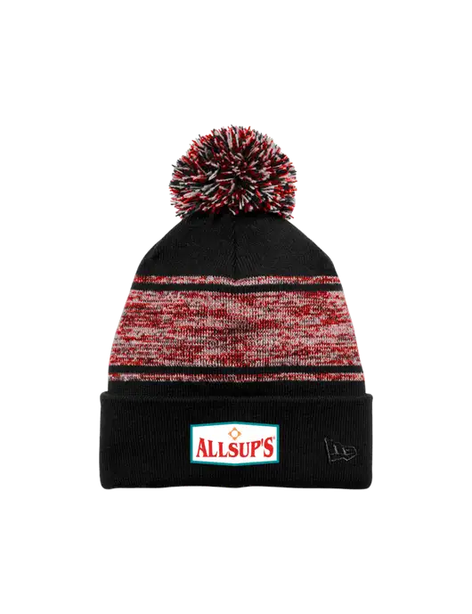 New Era Black/Red Knit Chilled Pom Beanie w/ALLSUP'S Logo