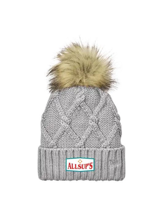 New Era Light Grey Faux Fur Pom Beanie w/ALLSUP'S Logo