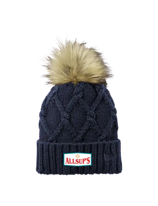 New Era Navy Faux Fur Pom Beanie w/ALLSUP'S Logo