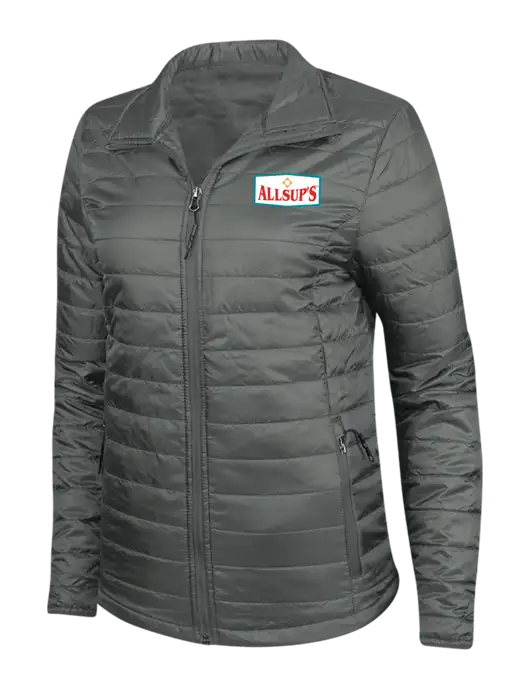 Dark Grey Womens Puffy Packable Jacket w/ALLSUP'S Logo