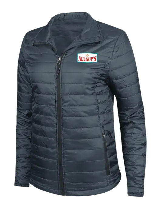 Navy Womens Puffy Packable Jacket w/ALLSUP'S Logo
